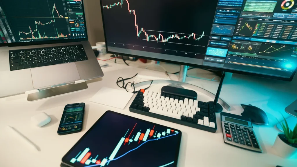 A trading desk with several screens displaying financial market charts.