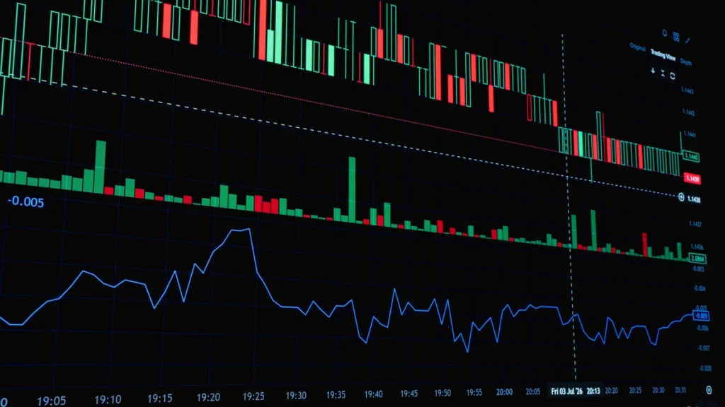 A digital trading screen displaying candlestick, volume and line charts.