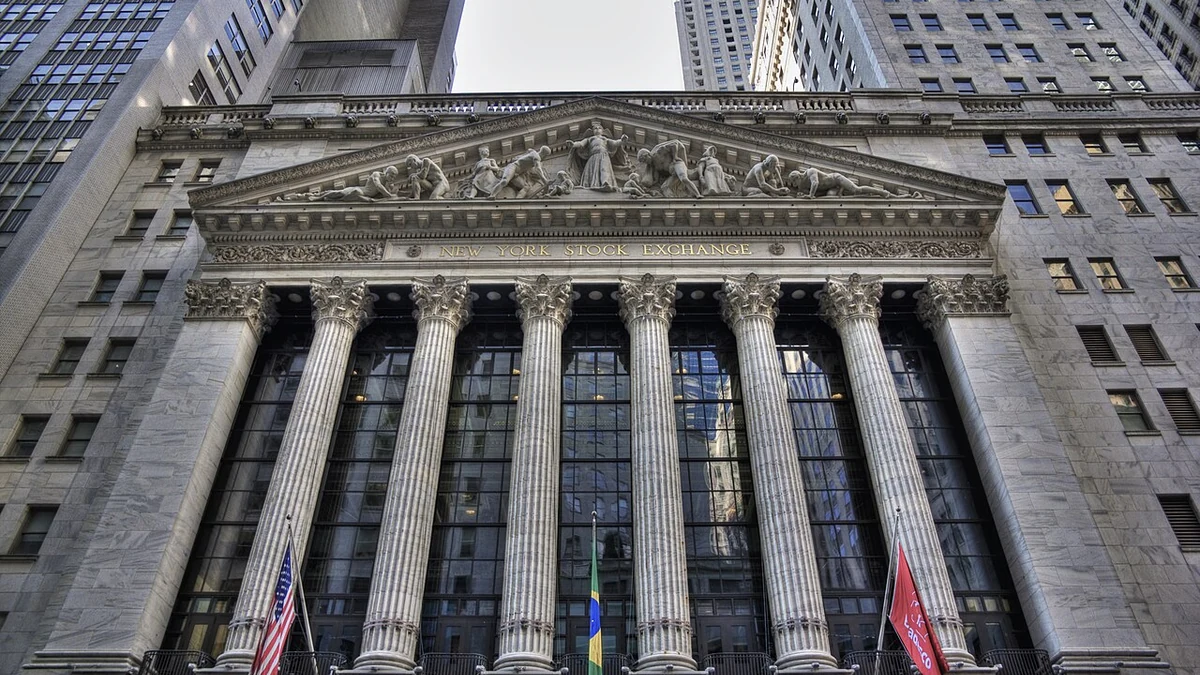The facade of the New York Stock Exchange building on Broad Street in Manhattan.