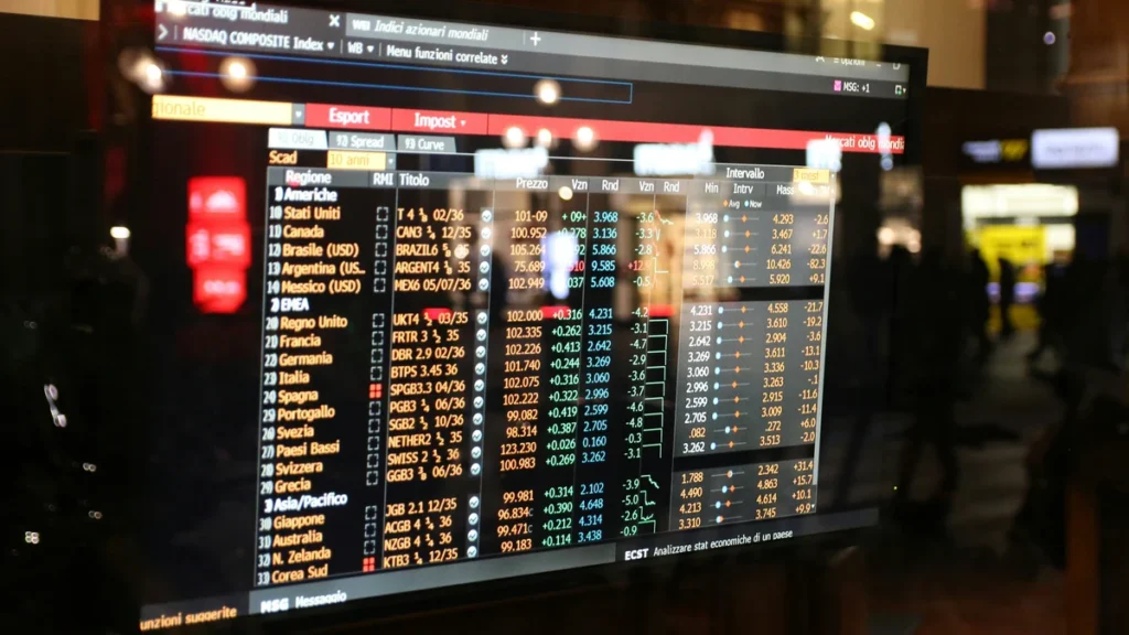Stock market prices and charts displayed across financial data screens.