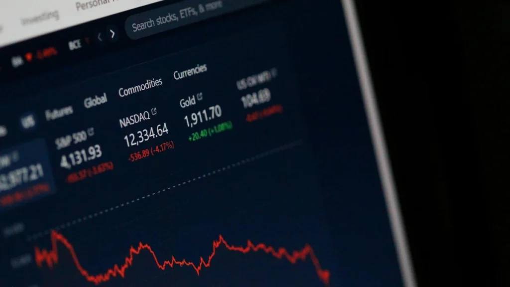 Financial market screen showing a commodities section, gold price data and a price chart.