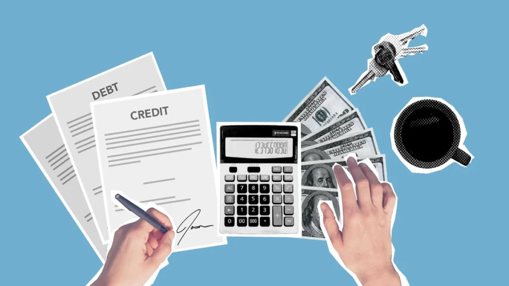 Hands reviewing debt and credit documents beside a calculator and cash.