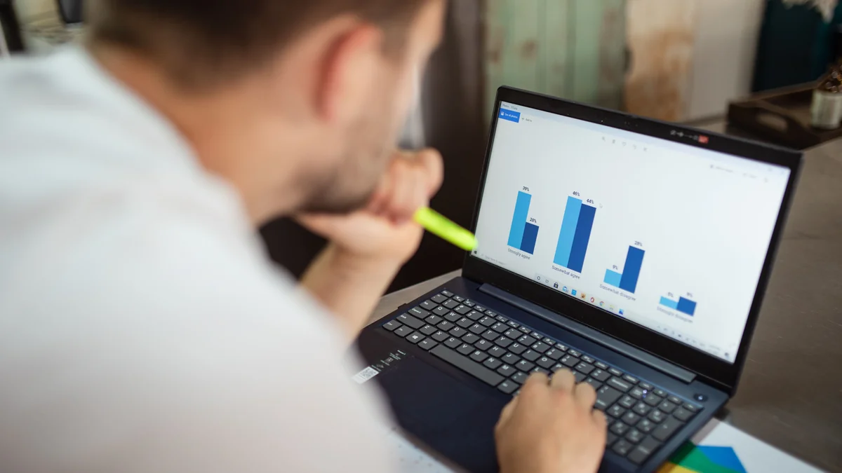 Person reviewing financial charts and bar graphs on a laptop screen.