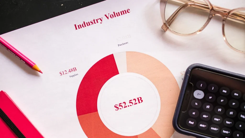 Segmented pie chart on a financial report beside a calculator, glasses and pencil.