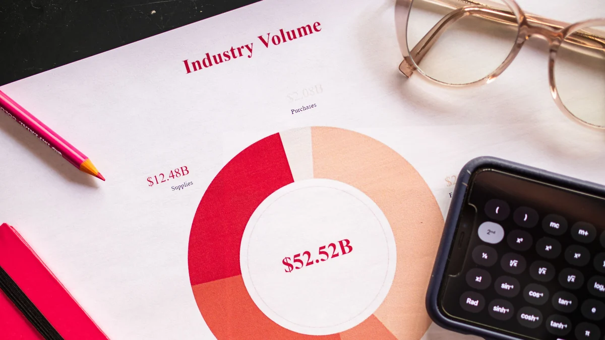 Segmented pie chart on a financial report beside a calculator, glasses and pencil.