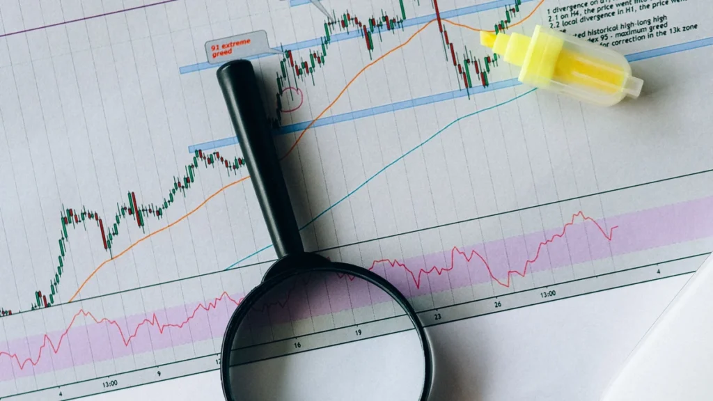 Magnifying glass and highlighter on a printed financial market chart.