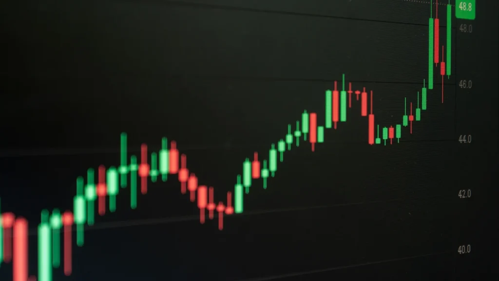 Close-up of a candlestick market chart on a dark digital screen.