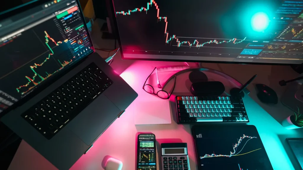 A trading workstation displaying financial market charts across multiple screens and devices.