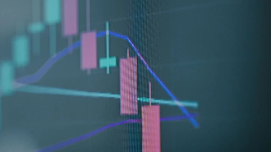 Close-up of a digital financial market screen displaying candlestick price charts.