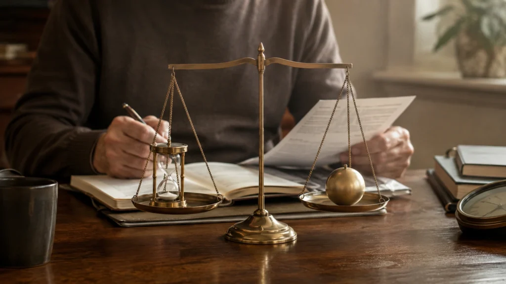 Editorial illustration of a balance scale weighing time against financial resources during retirement planning.