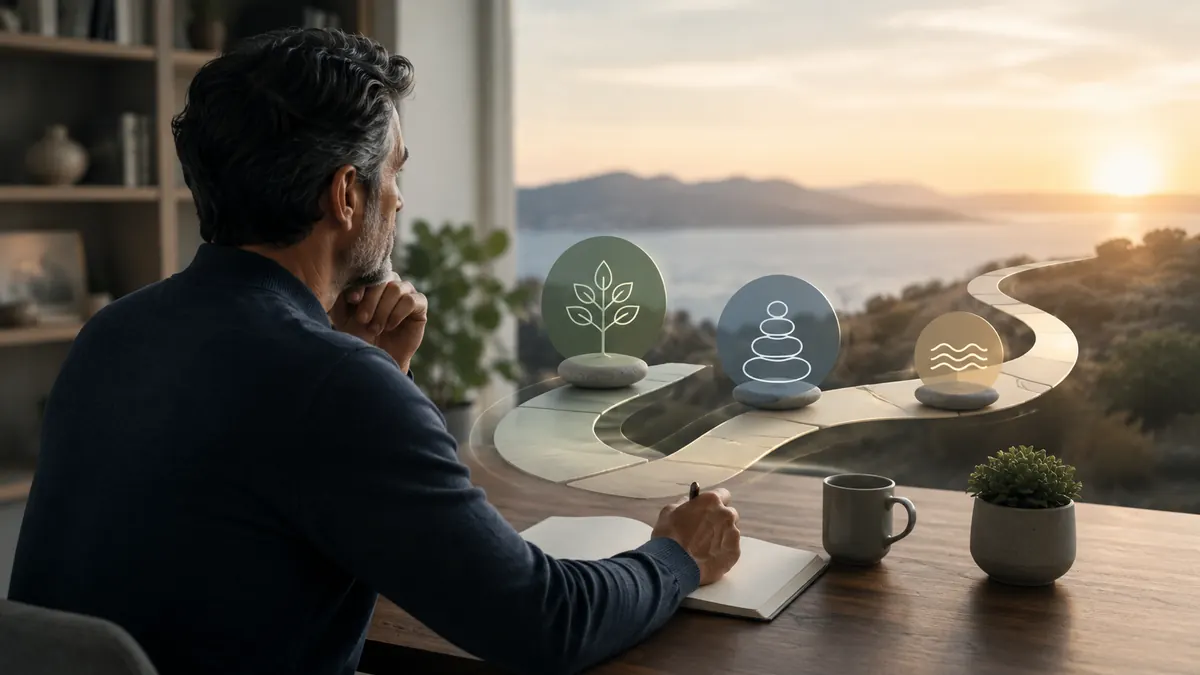 Editorial illustration of an investor organizing a balanced portfolio for long-term retirement savings.