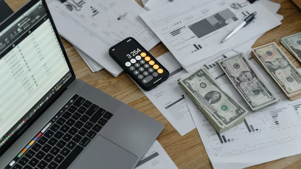U.S. dollar bills, financial documents, a laptop and a calculator on a desk.
