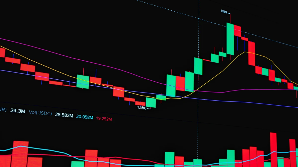 Stock market candlestick chart with trend lines and trading volume on a dark screen.
