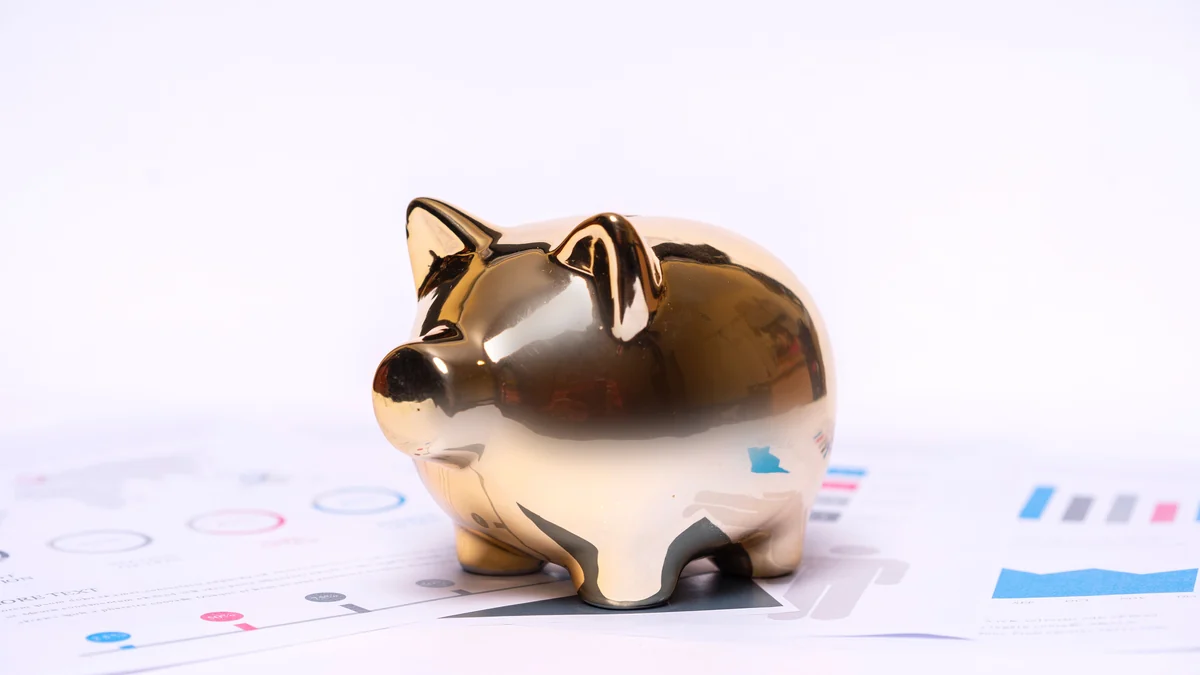 A gold piggy bank resting on financial charts and documents.