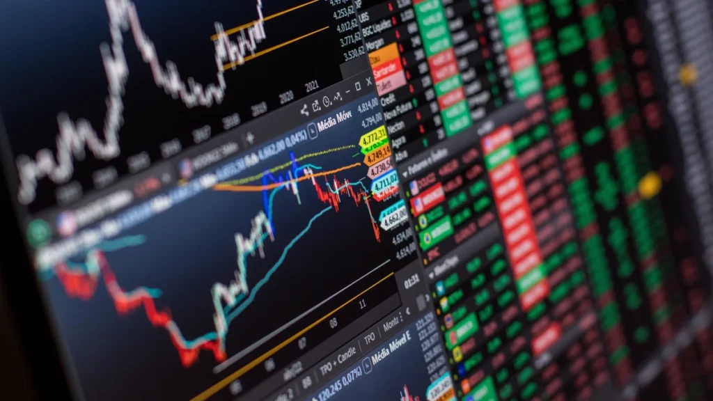 Close-up of stock market charts and trading data displayed on a monitor.