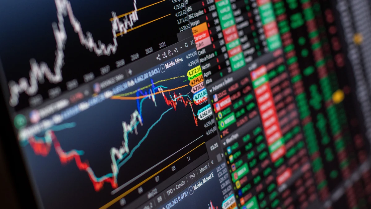 Close-up of stock market charts and trading data displayed on a monitor.