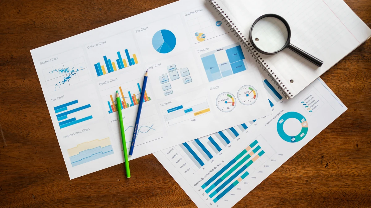 Financial charts, a magnifying glass and stationery arranged on a wooden desk.