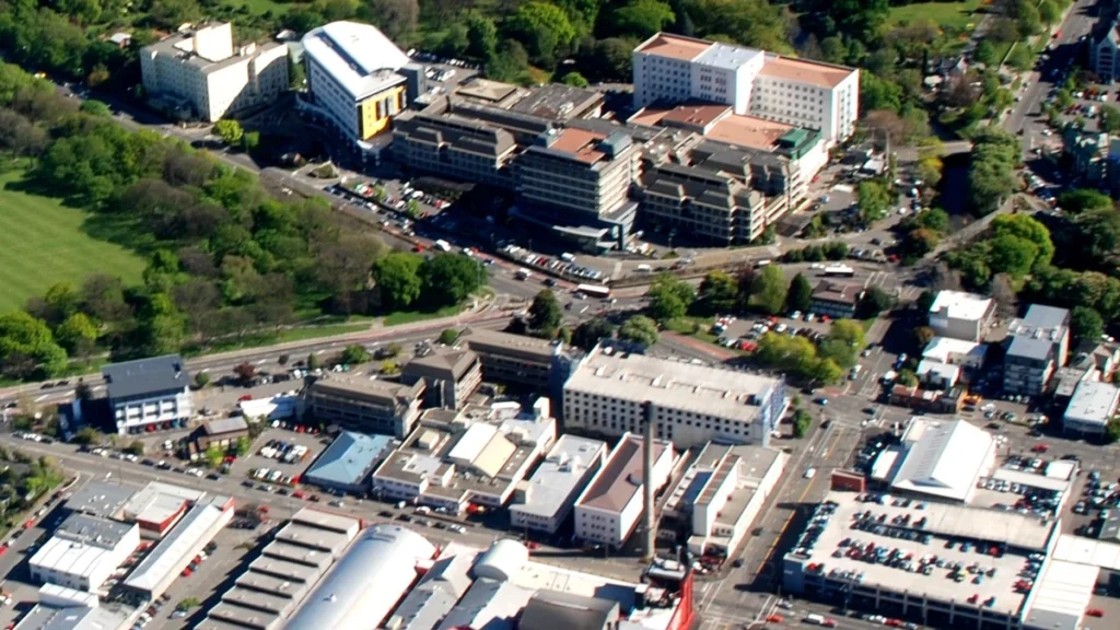 Aerial view of Christchurch Hospital and surrounding buildings in Canterbury, New Zealand.