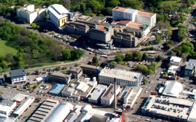 Aerial view of Christchurch Hospital and surrounding buildings in Canterbury, New Zealand.
