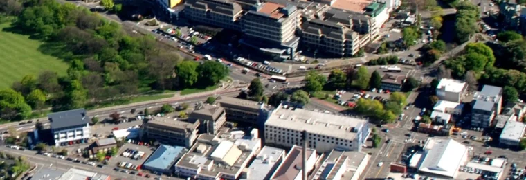 Aerial view of Christchurch Hospital and surrounding buildings in Canterbury, New Zealand.