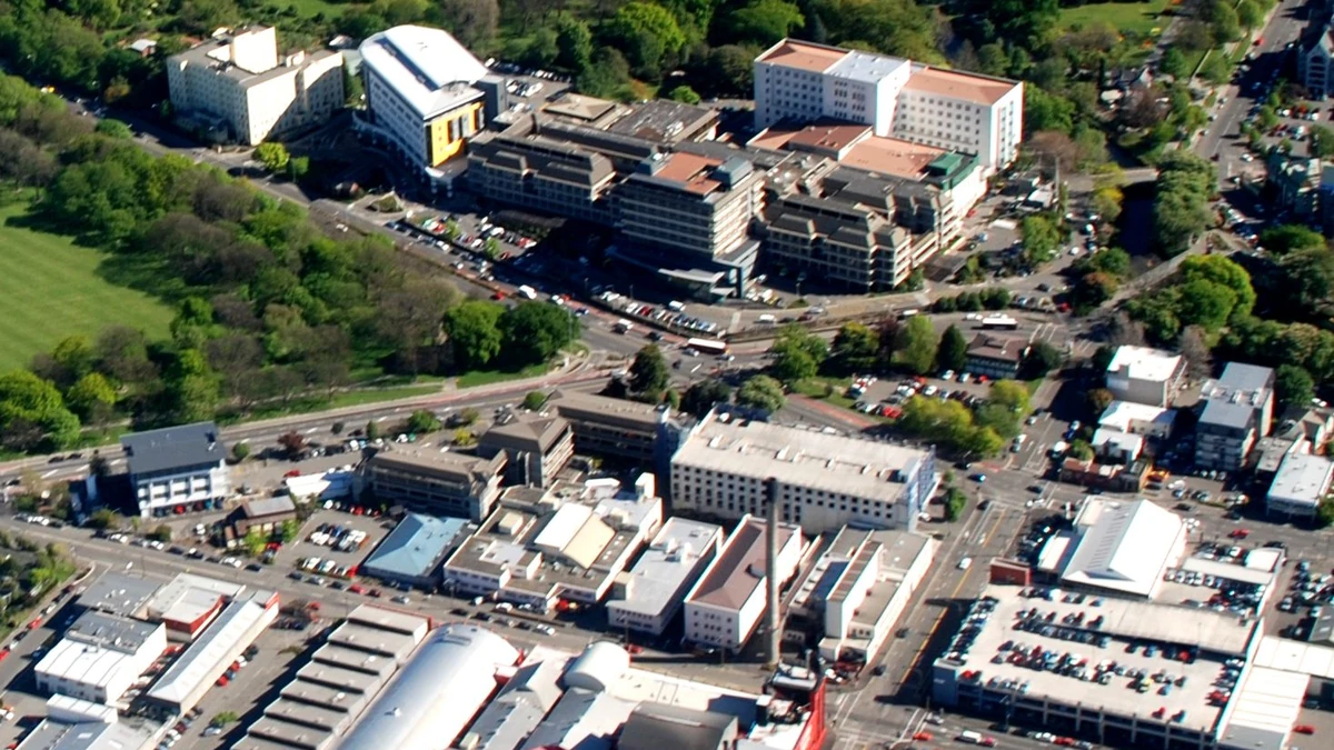 Aerial view of Christchurch Hospital and surrounding buildings in Canterbury, New Zealand.