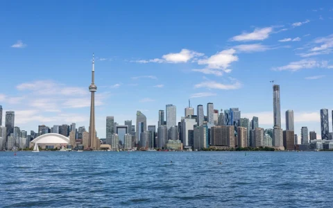 Toronto skyline viewed from Olympic Island across Lake Ontario.