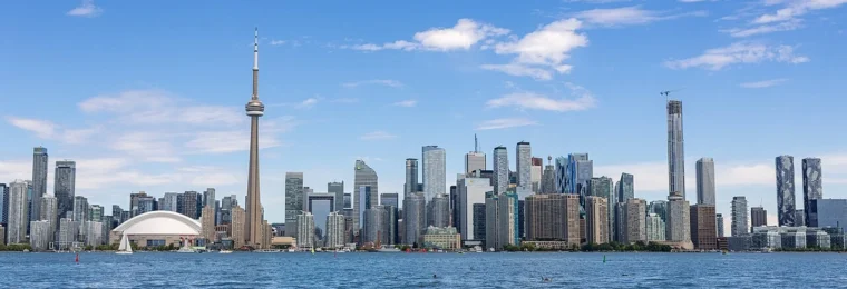 Toronto skyline viewed from Olympic Island across Lake Ontario.