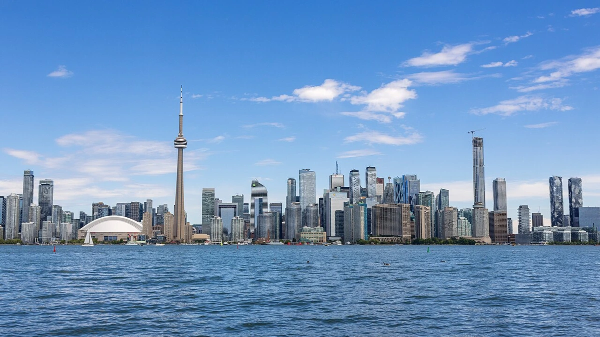 Toronto skyline viewed from Olympic Island across Lake Ontario.