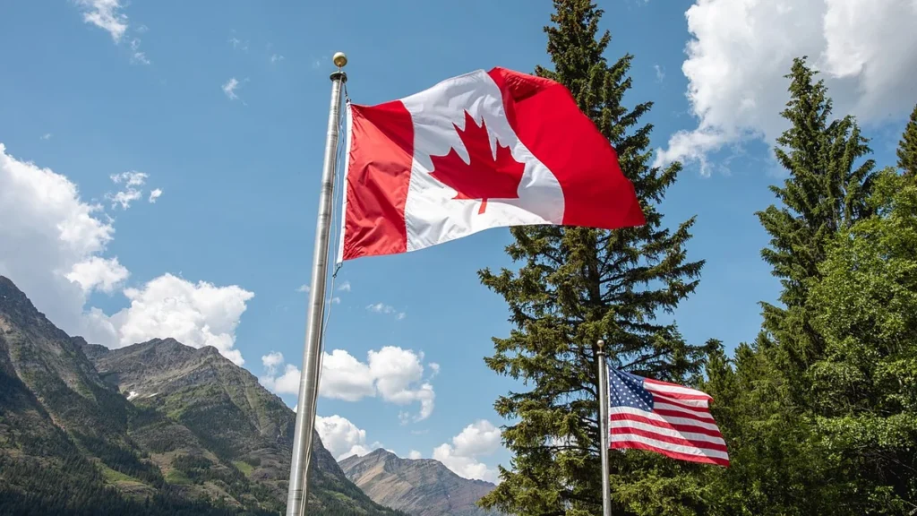 Canadian and U.S. flags flying near the Peace Park Pavilion at Glacier National Park.