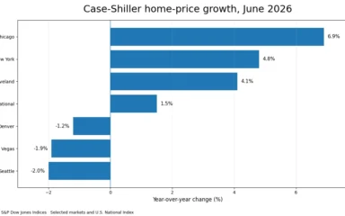 Bar chart showing June 2026 Case-Shiller annual home-price changes for selected U.S. markets and the national index.