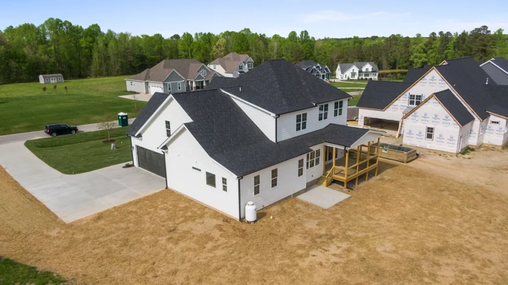 Aerial view of newly constructed suburban homes in Youngsville, North Carolina.