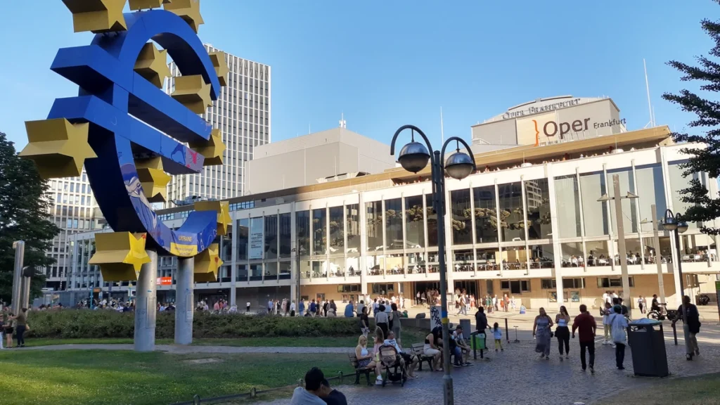 Euro sculpture with twelve stars in Frankfurt, Germany.