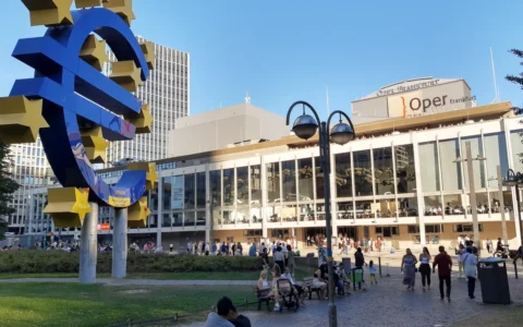 Euro sculpture with twelve stars in Frankfurt, Germany.