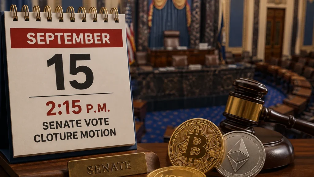 Illustration of a September 15 Senate calendar beside cryptocurrency coins and a gavel.