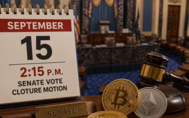 Illustration of a September 15 Senate calendar beside cryptocurrency coins and a gavel.