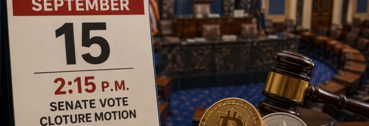 Illustration of a September 15 Senate calendar beside cryptocurrency coins and a gavel.