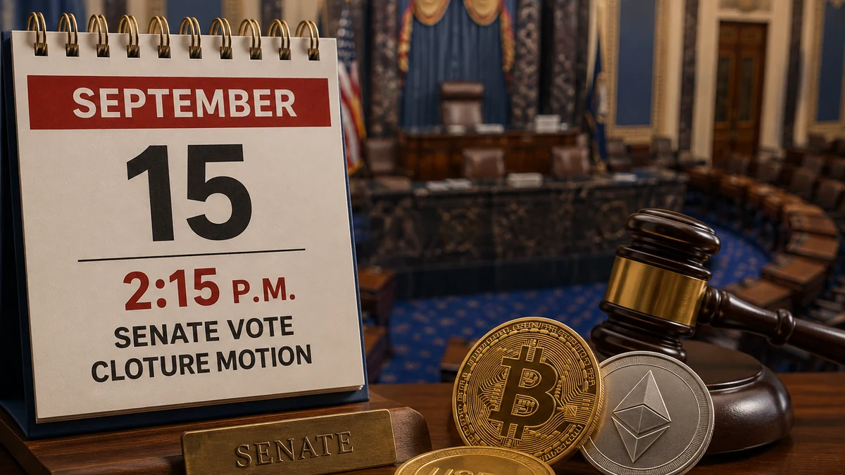Illustration of a September 15 Senate calendar beside cryptocurrency coins and a gavel.