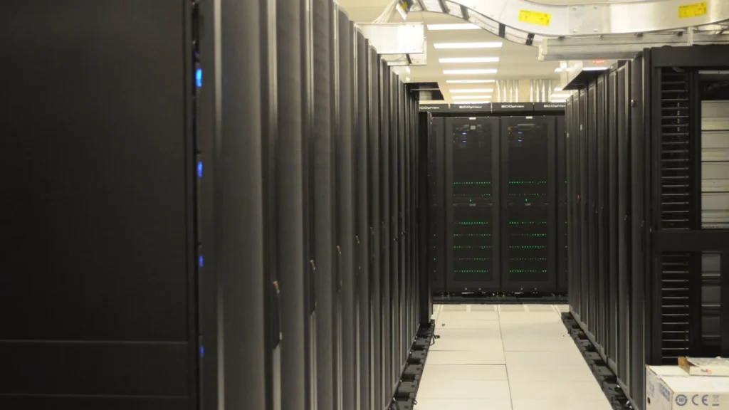 Rows of server racks inside the National Energy Research Scientific Computing Center.