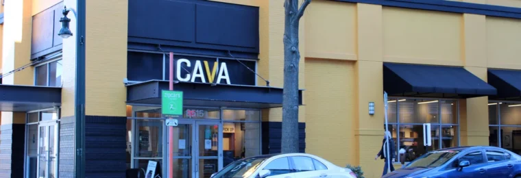 Exterior of a CAVA restaurant in downtown Silver Spring, Maryland.