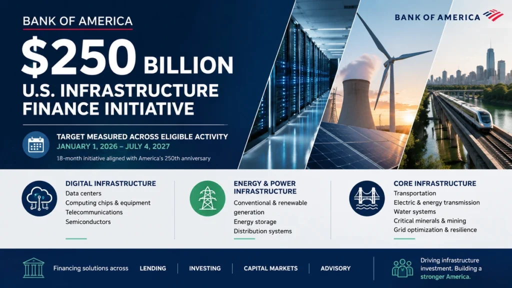 Editorial illustration of Bank of America's $250 billion U.S. infrastructure finance initiative, featuring data centers, energy infrastructure and transportation.