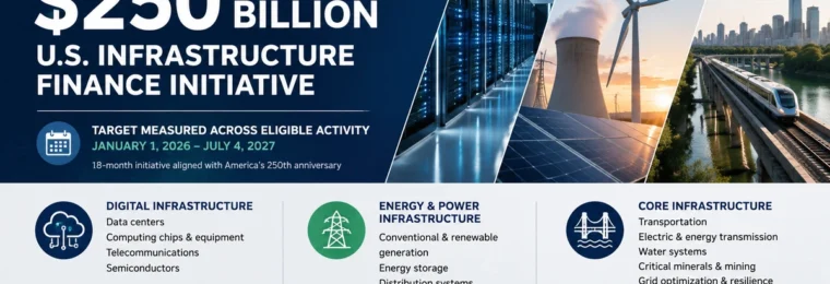 Editorial illustration of Bank of America's $250 billion U.S. infrastructure finance initiative, featuring data centers, energy infrastructure and transportation.