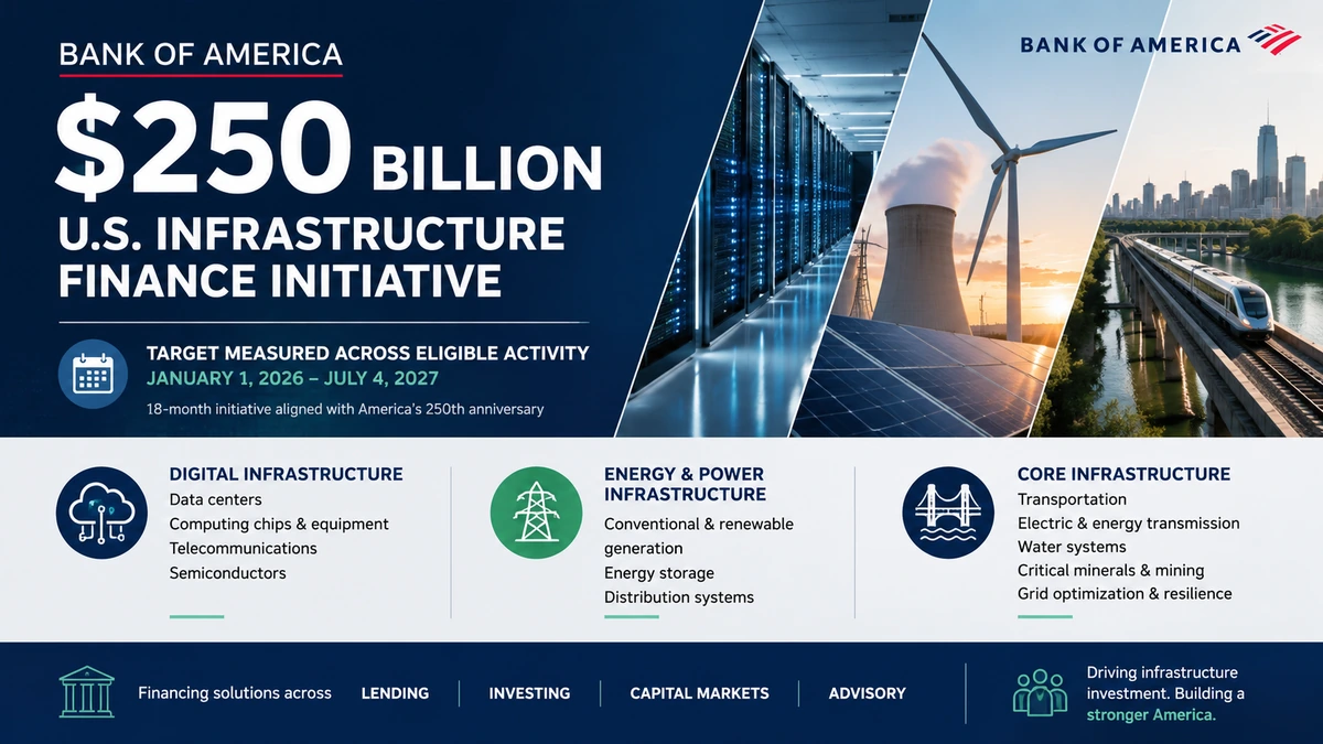 Editorial illustration of Bank of America's $250 billion U.S. infrastructure finance initiative, featuring data centers, energy infrastructure and transportation.
