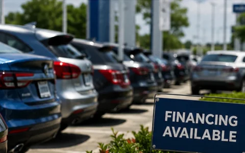 Cars lined up at a dealership beside a financing available sign.