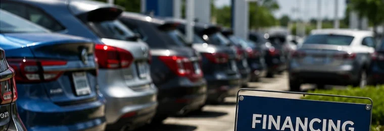 Cars lined up at a dealership beside a financing available sign.