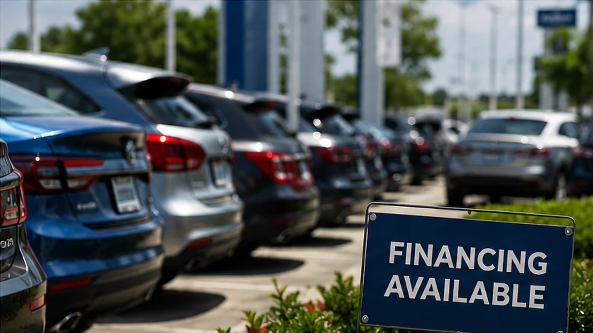 Cars lined up at a dealership beside a financing available sign.
