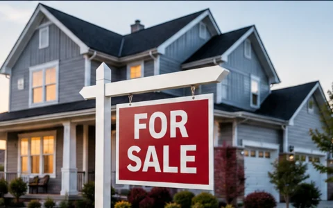 Editorial illustration of a U.S. suburban home with a for-sale sign.