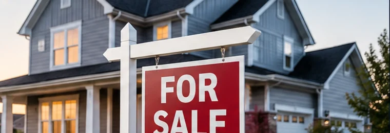 Editorial illustration of a U.S. suburban home with a for-sale sign.