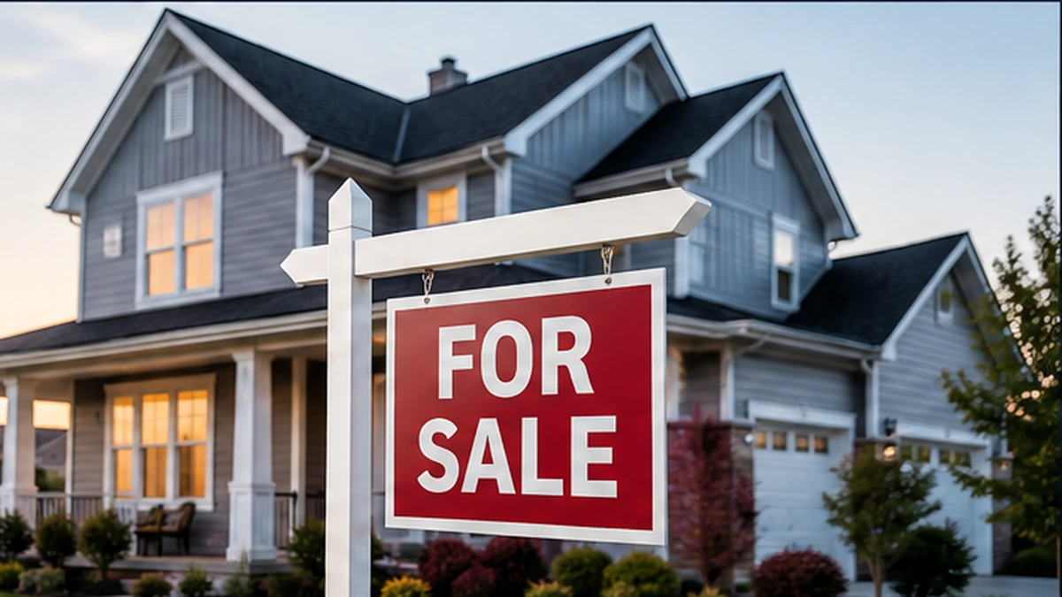 Editorial illustration of a U.S. suburban home with a for-sale sign.