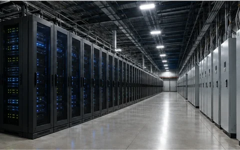 Rows of server racks inside a high-density data center.