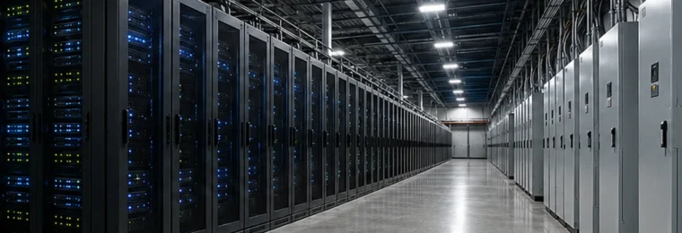 Rows of server racks inside a high-density data center.